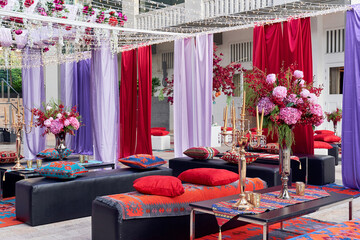 beautiful luxury wedding event colourful flower flora decoration concept and romantic lighting...