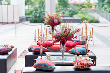 beautiful luxury wedding event colourful flower flora decoration concept and romantic lighting sculpture for outdoor garden rom solemnisation and hotel fine dining