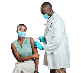 Woman, doctor and vaccine for healthcare, virus protection and compliance, support or help. African people, patient and medical worker with needle and face mask isolated on png transparent background
