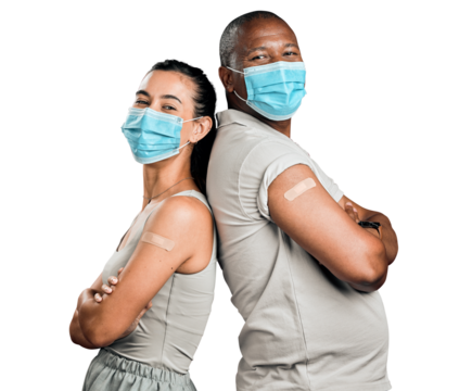Vaccine, face mask and couple with bandage, arms crossed and covid healthcare isolated on transparent png background. Portrait, plaster and black man and woman in confidence, wellness and interracial