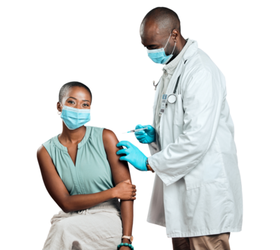Woman, doctor and vaccine for healthcare, virus protection and compliance, support or help. African people, patient and medical worker with needle and face mask isolated on png transparent background