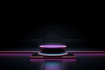 Naklejka premium Exhibition hall illustration with empty podium with neon lights dark background 3d