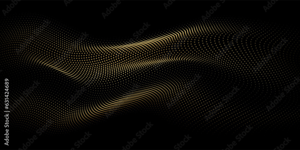 Aufkleber Flowing dots particles wave pattern gold gradient light isolated on black background. Vector in concept of luxury, technology, science, music, modern.