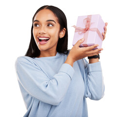 Happy, gift and woman with box and smile on isolated, png and transparent background for event....
