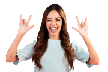 Portrait, wink and woman with rock hand, smile and model isolated on a transparent background. Face, female person and girl with gesture, heavy metal expression and crazy with png and punk attitude