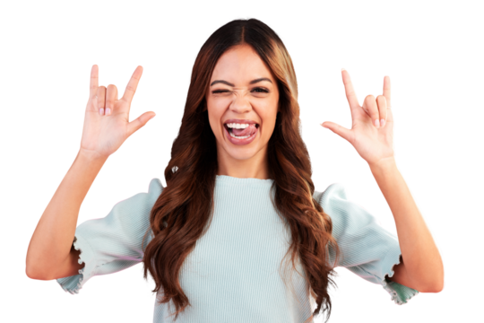 Portrait, wink and woman with rock hand, smile and model isolated on a transparent background. Face, female person and girl with gesture, heavy metal expression and crazy with png and punk attitude