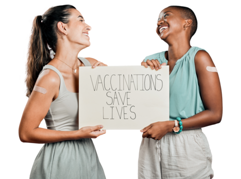 Women, laughing and vaccine promotion poster, covid healthcare with plaster on arm isolated on png transparent background. Female people, happy and billboard sign for corona virus safety and health