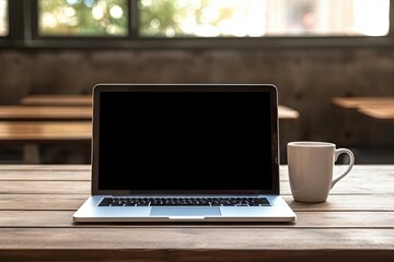 Fototapeta premium Modern office lifestyle. Coffee cup and laptop on wooden table in shop with copy space. Freelance work in cafe. Remote working concept