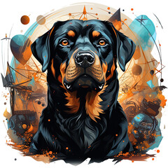 A Halloween Rottweiler dog, the master of illusions, standing in a fantastical circus tent filled with mesmerizing spectacles, Generative Ai