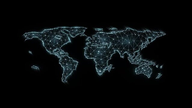 Polygonal motion graphics of a world map on a dark background. Futuristic animation of a World map in glitch style