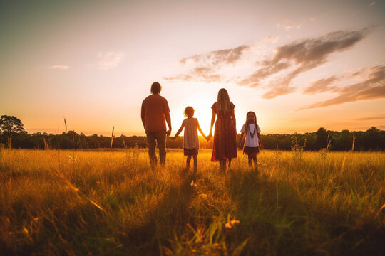 Family standing on meadow against clear sky during sunset