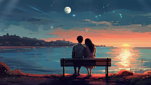couple sitting by the beach enjoying the sunset. couple anime style. Animated looping background