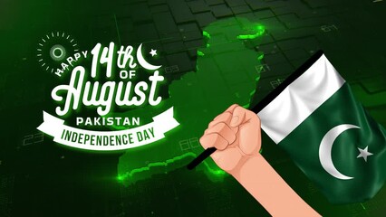 Happy 14th of August Pakistan Independence Day Animation with Hand Holding Flag and Pakistan Map Background. Great for celebrating Pakistan independence day