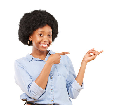 Hands, pointing and portrait of a black woman with promotion, menu or choice of option on transparent, isolated or png background. Gesture, smile and African female model to show presentation of info