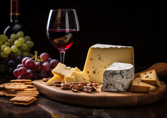 A close-up highlighting the intricate details of the cheese and glass of wine