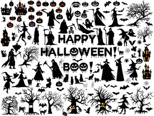 Set of Vector Halloween silhouettes. Witch, pumpkin, grim reaper, cobweb, spider, black cat, dry scary trees, ghost, Happy Halloween.
