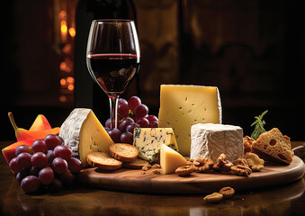 A close-up highlighting the intricate details of the cheese and glass of wine