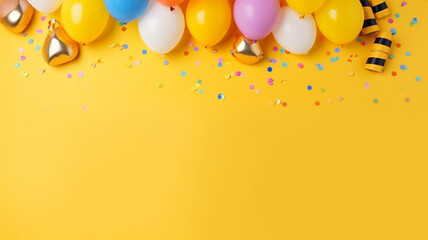 Flat lay composition with birthday decor on yellow background, space for text