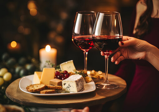 Hands holding the glass of wine, pieces of cheese on craft plate and a beautifully background