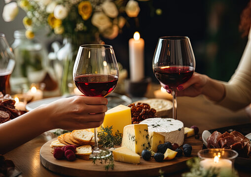 Hands holding the glass of wine, pieces of cheese on craft plate and a beautifully background