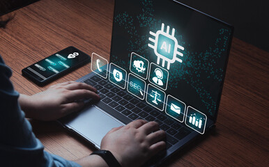 Woman use the power of AI on laptop and smartphone. Chat concept AI. Artificial Intelligence....