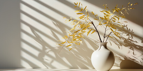 Minimalistic light background with a ceramic vase with the plant and blurred foliage shadow on a light wall. Generated AI.