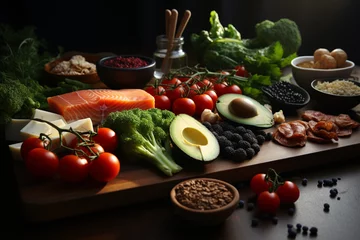 Foto op Canvas Still life of keto diet food, fish, avocado and other nutritious © Simonforstock