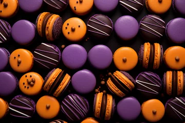 Muurstickers Halloween macarons: delicious macarons pattern in orange, dark brown and purple colors © World of AI