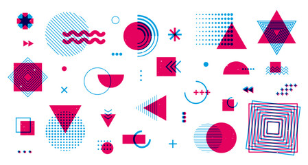 Memphis elements risograph effect. Abstract geometric shapes, modern hipster retro circles triangles riso linocut print. Vector set