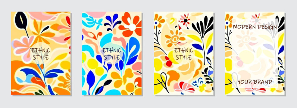 Cover set, vertical templates. Collection of floral watercolor backgrounds with ethnic tribal pattern in modernism style, space for text. The color of the East, Asia, India, Mexico, Aztec, Africa, Per