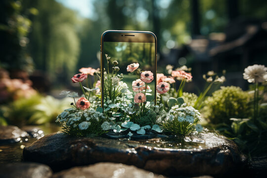 Smartphone with green plants on display stands on stone in forest in soft background