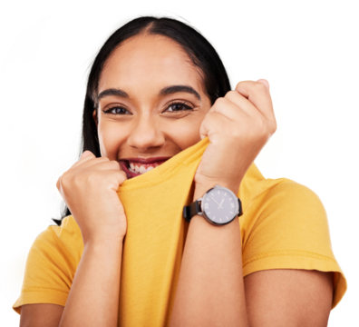 Shy, hide and smile with portrait of woman on png for secret, embarrassed and news. Gossip, happy and introvert with face of person isolated on transparent background for funny, joke and laughing