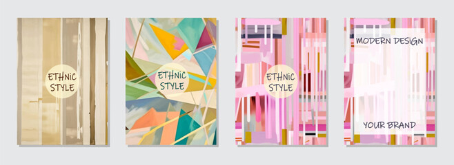Naklejka premium Cover set, vertical templates. Collection of artistic watercolor backgrounds with ethnic tribal pattern in modernism style, space for text. The color of the East, Asia, India, Mexico, Aztec, Africa, P