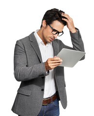 Stress, frustrated and business man with a tablet reading bad news, fail or glitch. Confused person isolated on a transparent, png background with a technology for internet connection, app or network