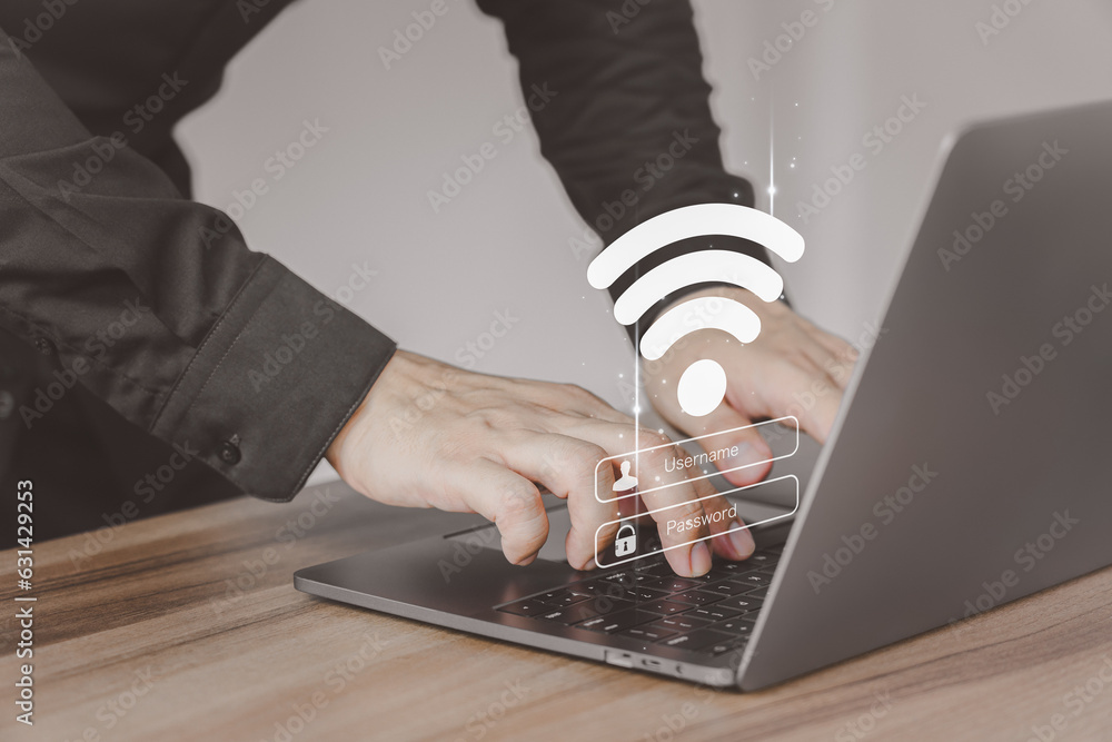 Aufkleber User use a computer laptop for a login password to wifi but wifi is not connected. Explore the seamless world of technology as user log in to WiFi. Concept technology of waiting to connect to wifi.