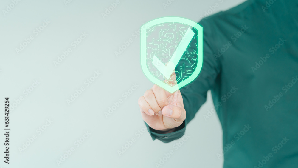 Aufkleber customer is pressing identity proofing icon for security protection systems on virtual screen. certi