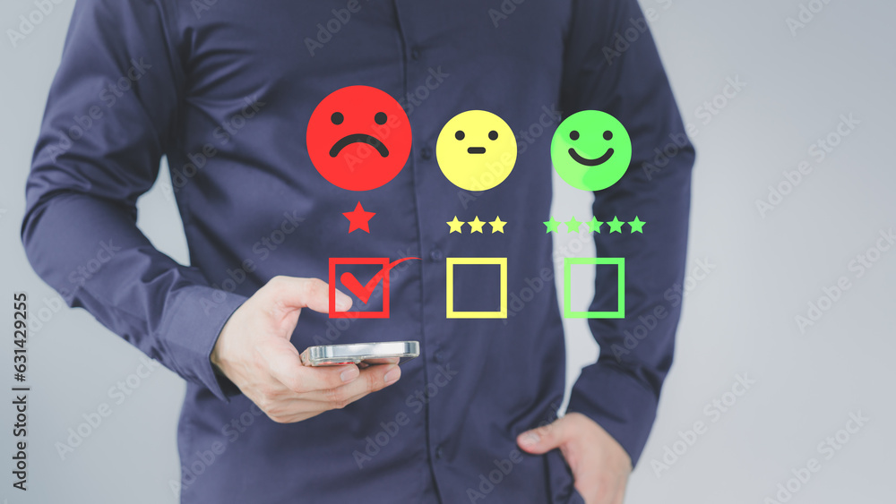 Aufkleber customer give the feedback with angry emotion face on virtual screen. assessment testimonial review 