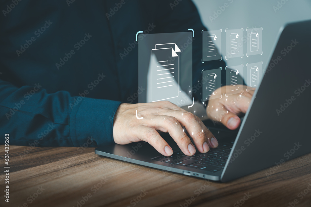 Aufkleber Businessman use a computer laptop to manage digital documents, document management concepts, online document database and digital file storage, database technology, and recording software.