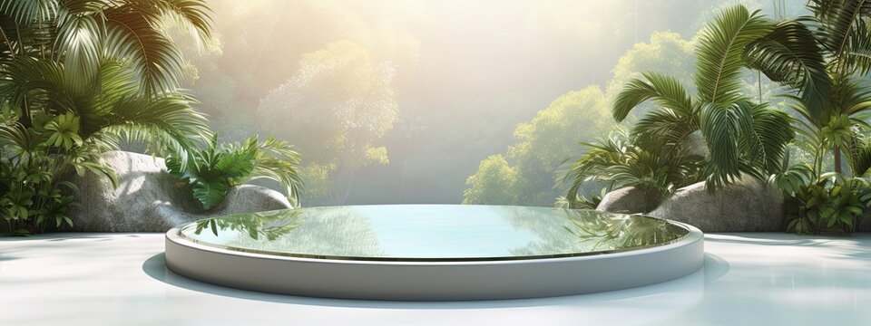 podiem stage product display temlate design blank stage with nature element tree leaf and water sky clean and clear area for advertising product showcase presentation mockup design,ai generate
