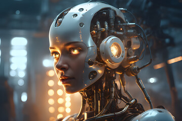 A robotic girl with a gleaming metallic head, her eyes glowing with a mysterious inner light.