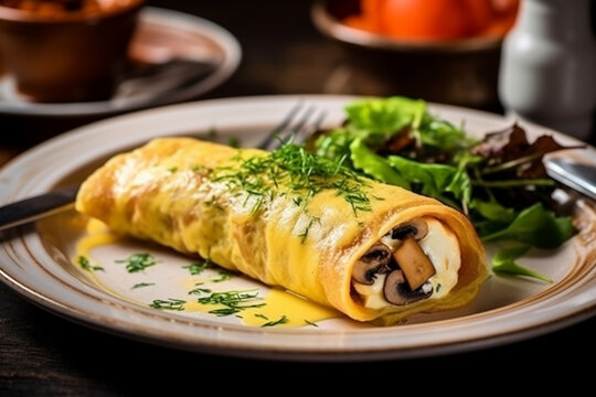 French vegetarian omelet roll filled with cream cheese with with green salad and mushrooms for breakfast on rustic