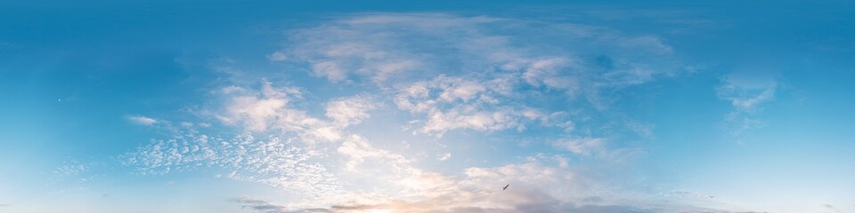 Fototapeta premium Sunset sky panorama with golden pink Cirrus clouds. Seamless hdr spherical 360 panorama. Sky dome in 3D visualization, sky replacement for aerial drone 360 panoramas. Weather and climate change