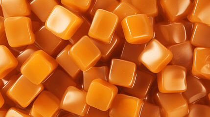 Tasty caramel candies with sauce background. Sweet texture. Generative AI