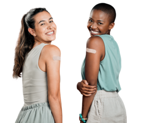 Vaccine portrait, happy and friends with bandage, covid and healthcare isolated on transparent png background. Portrait, plaster or women in immunity, safety or virus protection, wellness or security