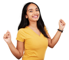 Portrait, woman and happy dance isolated on a transparent png background for fun party celebration. Face of excited female model dancing with energy to celebrate freedom, music and winning success