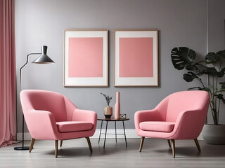Yellow, red, pink, sky armchairs and big mock up poster frame on the gray wall. Mid-century interior design of modern living room, AI Generate