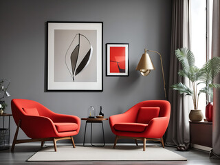Yellow, red, pink, sky armchairs and big mock up poster frame on the gray wall. Mid-century interior design of modern living room, AI Generate