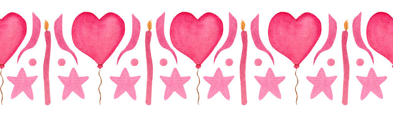 Watercolor border with festive candles, heart balloons, stars on white background. For various holiday products etc.