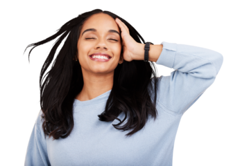 Hair care, beauty and smile, woman isolated on transparent png background with gen z fashion. Happiness, natural haircare and excited girl with healthy growth, shine and wellness with satisfaction.