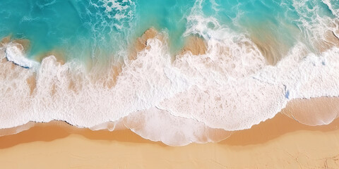 Fototapeta na wymiar Top view oncoast with ocean waves. Blue water background. Summer seascape from air. Generative AI